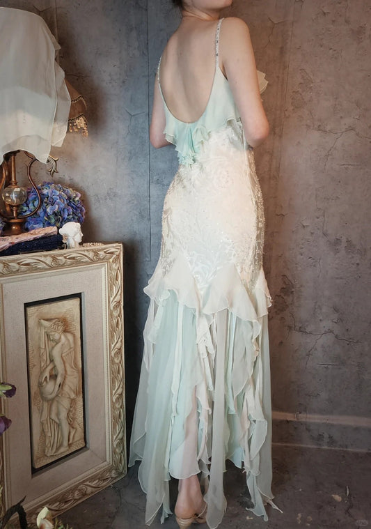 Romantic Vintage Mint Green Chiffon Mermaid Beadwork Long Prom Dress Ruffled Fairytale Graduation Dress  ED01725
