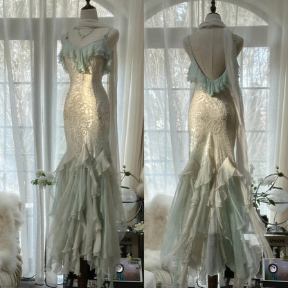 Romantic Vintage Mint Green Chiffon Mermaid Beadwork Long Prom Dress Ruffled Fairytale Graduation Dress  ED01725