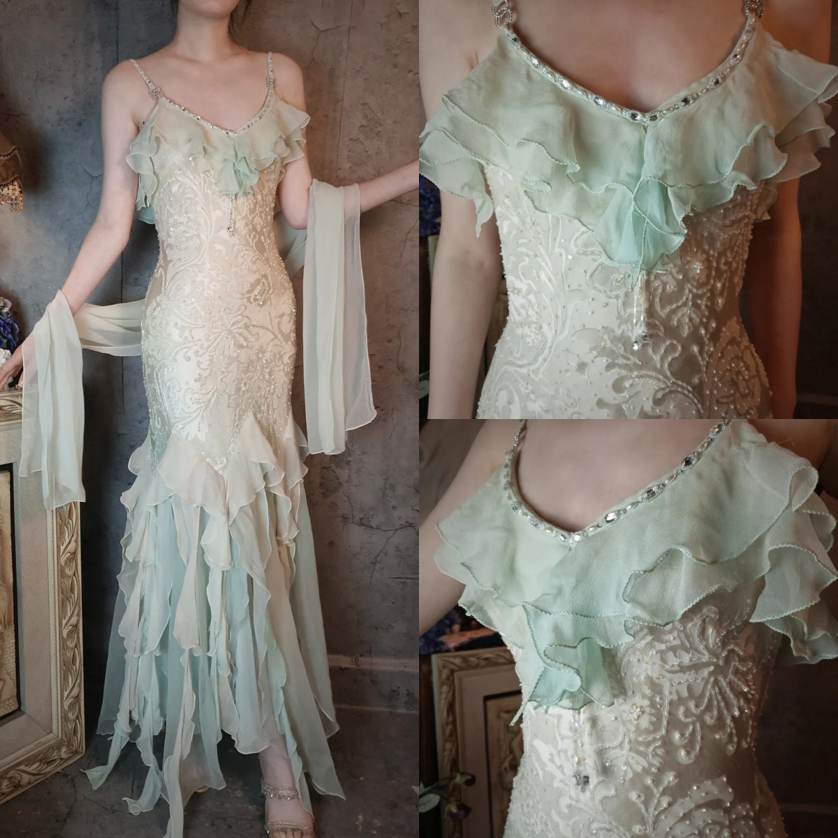 Romantic Vintage Mint Green Chiffon Mermaid Beadwork Long Prom Dress Ruffled Fairytale Graduation Dress  ED01725