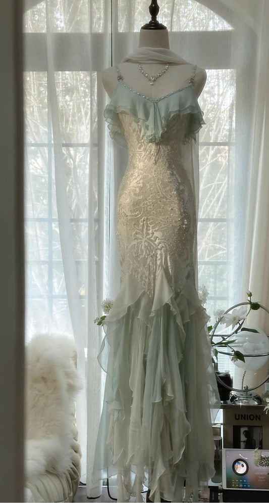 Romantic Vintage Mint Green Chiffon Mermaid Beadwork Long Prom Dress Ruffled Fairytale Graduation Dress  ED01725