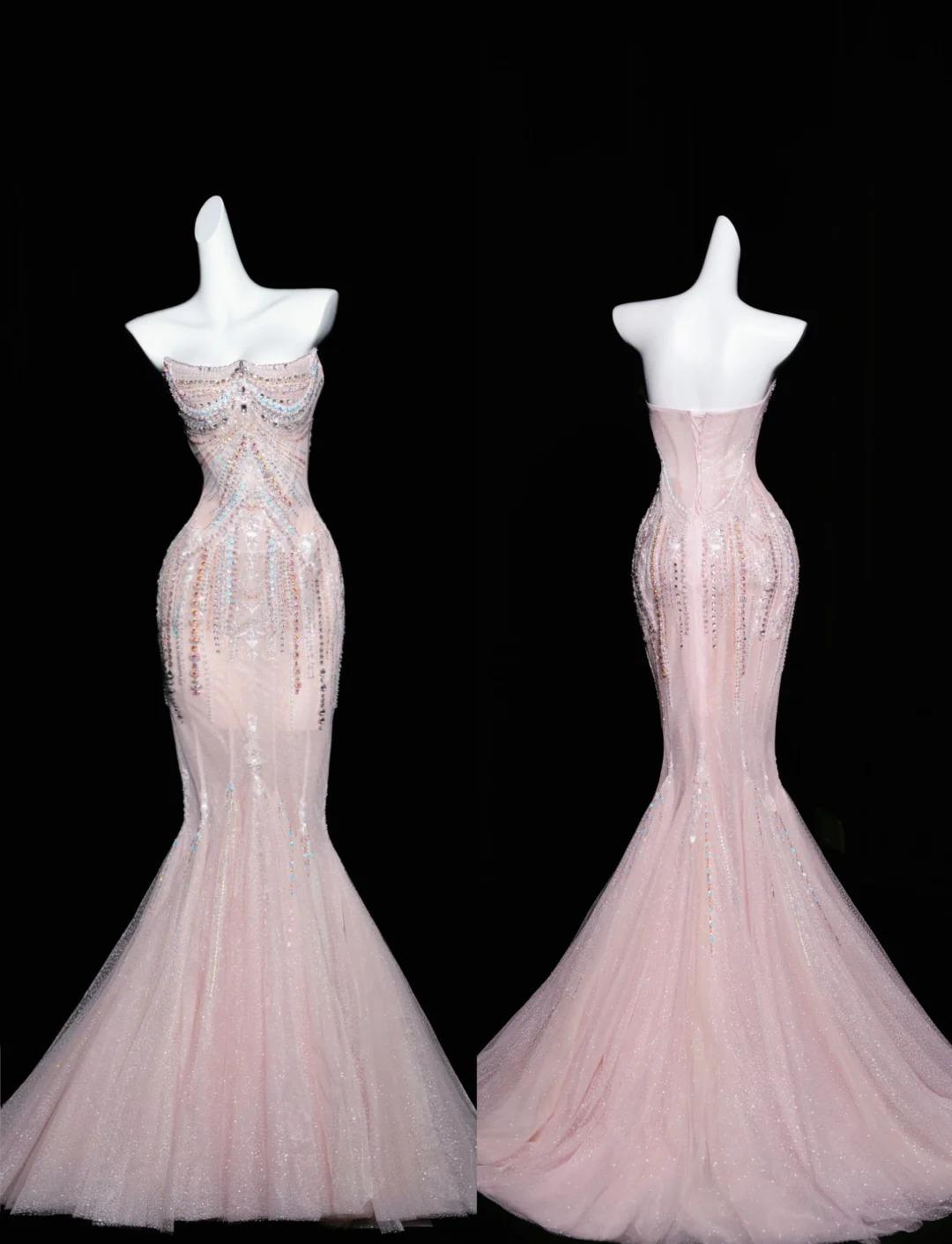 Vestido de fiesta largo de tul con corte sirena rosa, sin tirantes y con diamantes, vestido de novia elegante, vestido formal ED01726