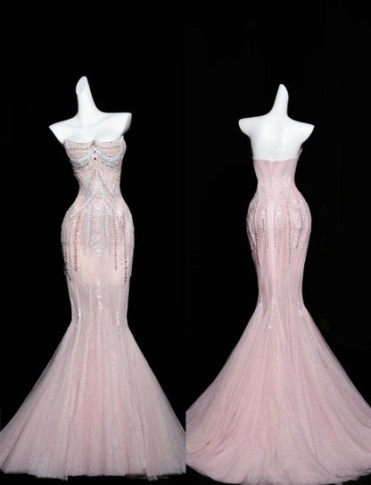 Vestido de fiesta largo de tul con corte sirena rosa, sin tirantes y con diamantes, vestido de novia elegante, vestido formal ED01726