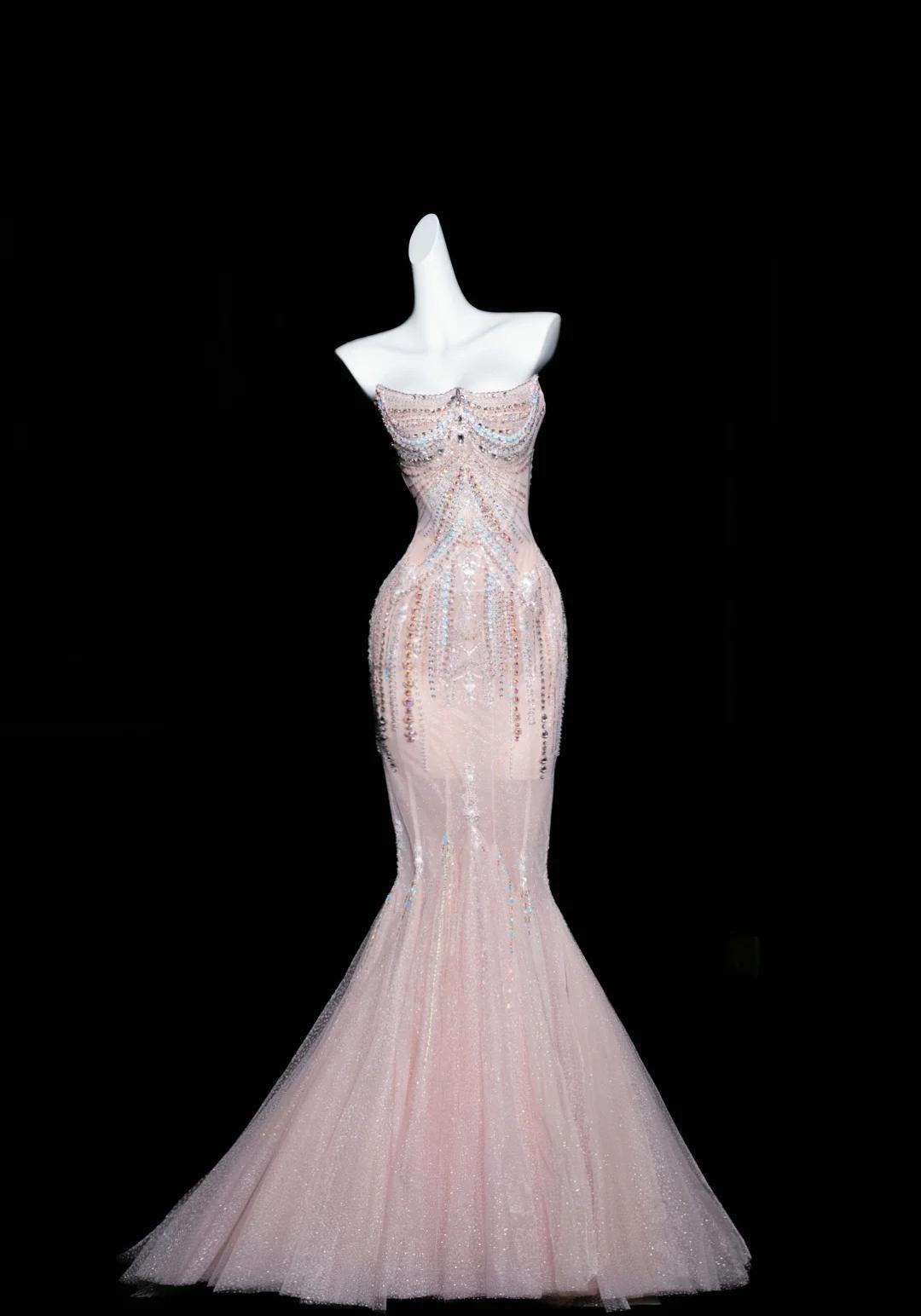 Vestido de fiesta largo de tul con corte sirena rosa, sin tirantes y con diamantes, vestido de novia elegante, vestido formal ED01726