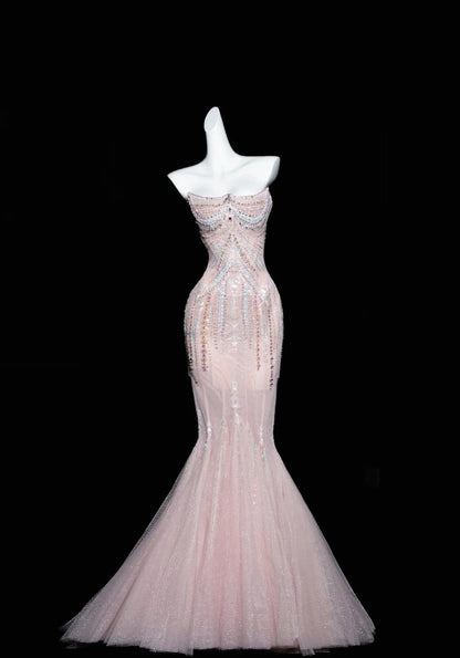 Vestido de fiesta largo de tul con corte sirena rosa, sin tirantes y con diamantes, vestido de novia elegante, vestido formal ED01726