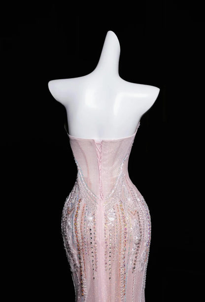 Vestido de fiesta largo de tul con corte sirena rosa, sin tirantes y con diamantes, vestido de novia elegante, vestido formal ED01726