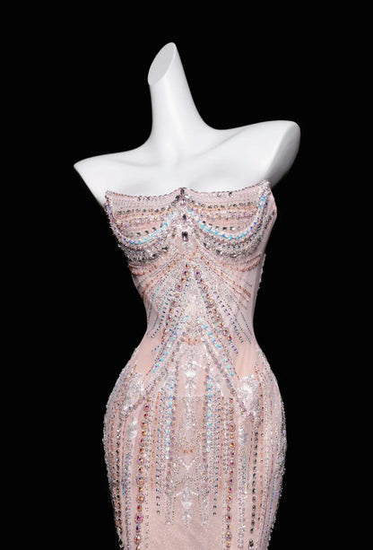 Vestido de fiesta largo de tul con corte sirena rosa, sin tirantes y con diamantes, vestido de novia elegante, vestido formal ED01726