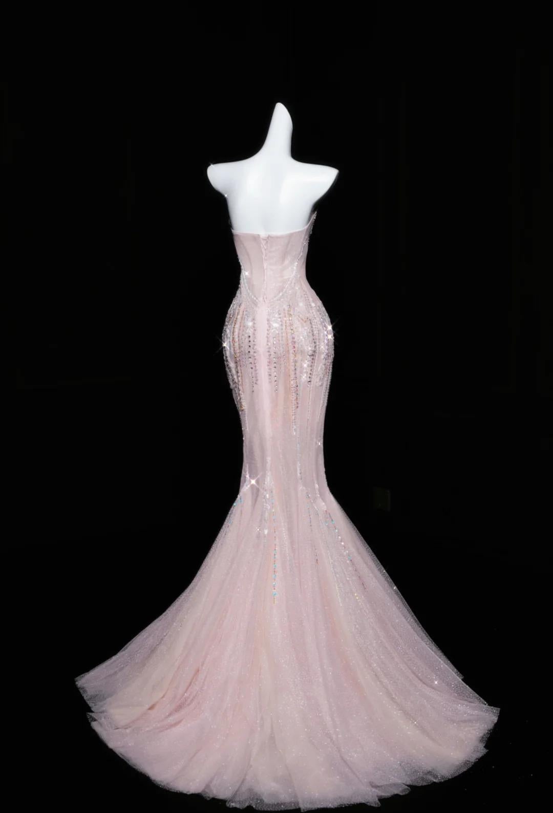 Vestido de fiesta largo de tul con corte sirena rosa, sin tirantes y con diamantes, vestido de novia elegante, vestido formal ED01726