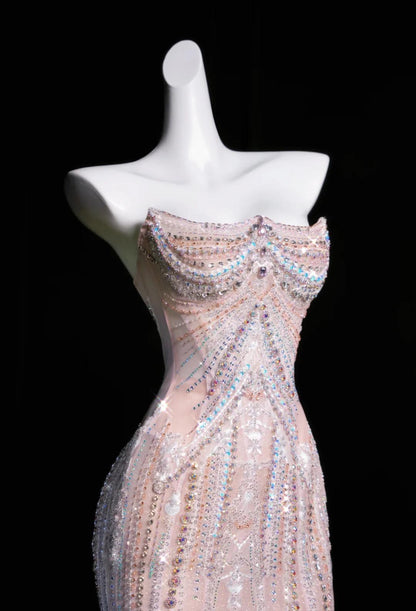Vestido de fiesta largo de tul con corte sirena rosa, sin tirantes y con diamantes, vestido de novia elegante, vestido formal ED01726