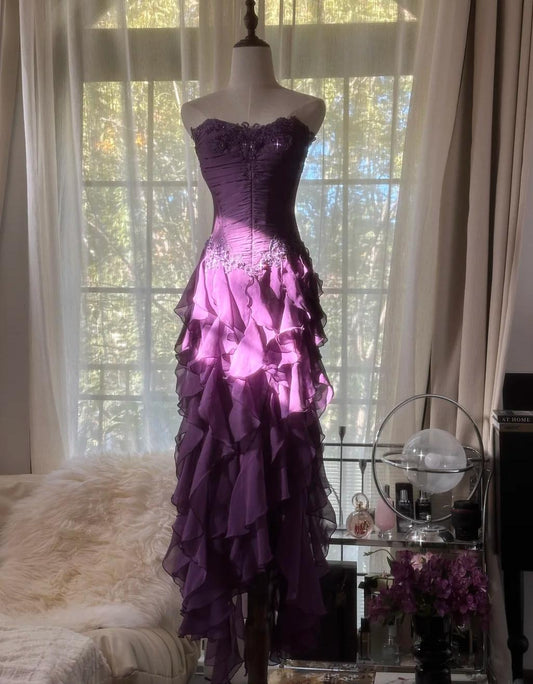 Purple 💜Elegant Strapless Chiffon Applique Long Tiered Prom Dresses Backless Party Dresses ED01727