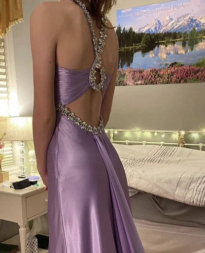 Glamou Purple 💜Satin Beaded Backless Long Prom Dress for Party&Birthday,Elegant Wedding Guest Outfits ED01736