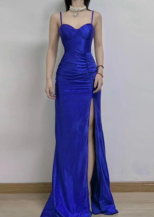 Elegante vestido de fiesta largo azul claro con tirantes finos y abertura, vestido de fiesta de cumpleaños encantador ED01738