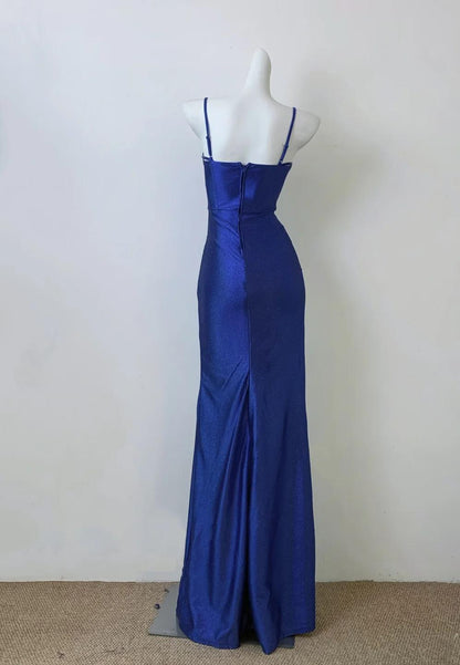 Elegante vestido de fiesta largo azul claro con tirantes finos y abertura, vestido de fiesta de cumpleaños encantador ED01738