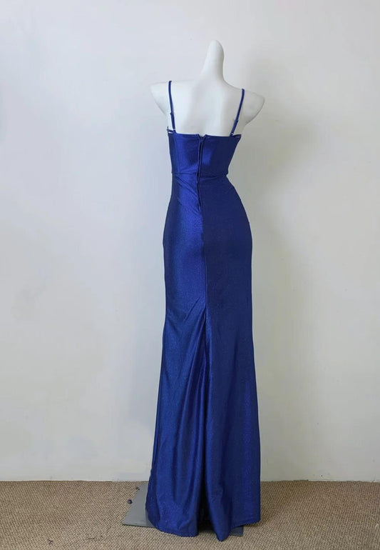 Elegante vestido de fiesta largo azul claro con tirantes finos y abertura, vestido de fiesta de cumpleaños encantador ED01738