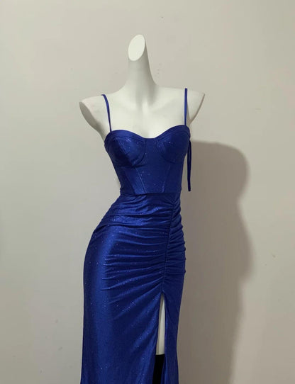 Elegante vestido de fiesta largo azul claro con tirantes finos y abertura, vestido de fiesta de cumpleaños encantador ED01738