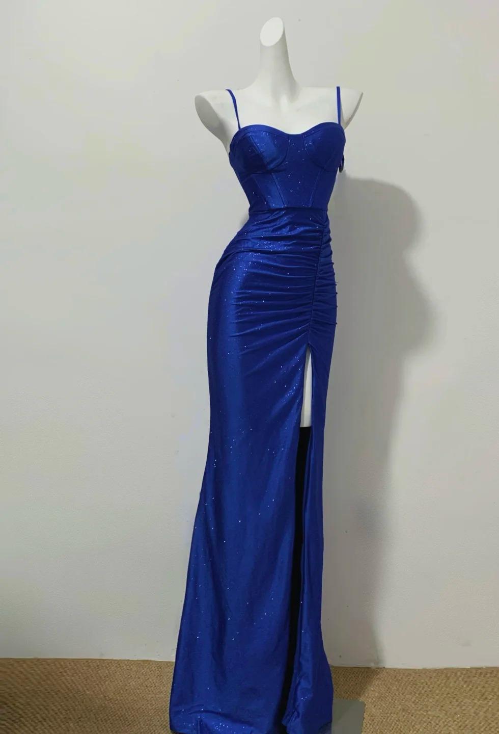 Elegante vestido de fiesta largo azul claro con tirantes finos y abertura, vestido de fiesta de cumpleaños encantador ED01738