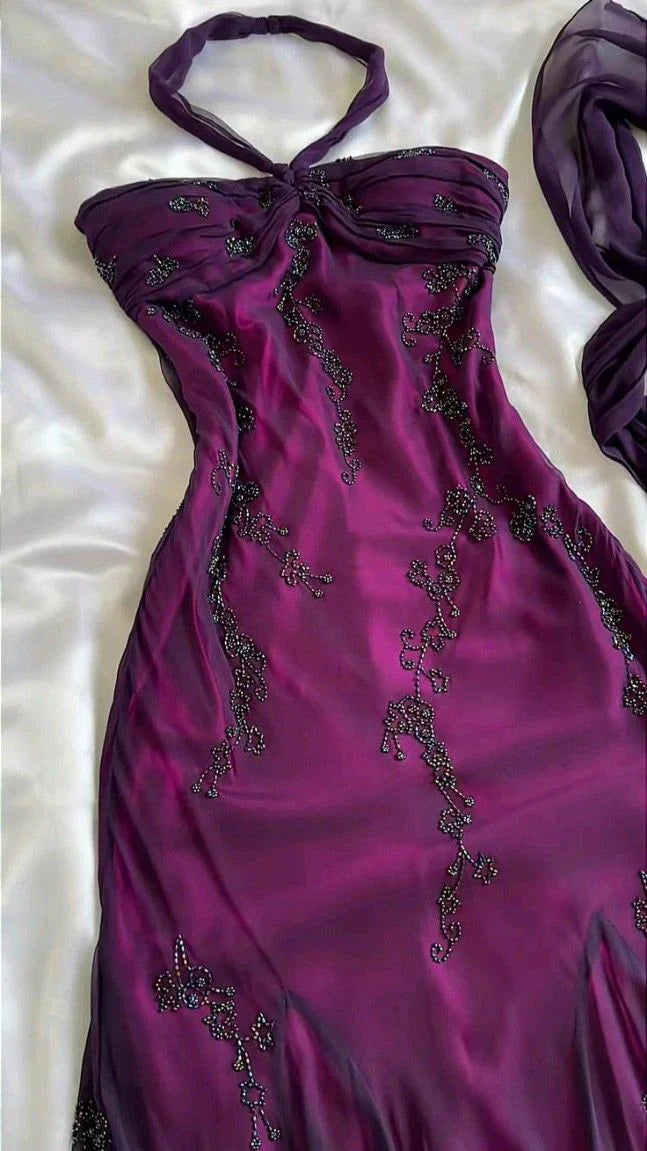 Vestidos de fiesta largos de gasa azul vintage, elegantes vestidos de fiesta con cuentas ED01743