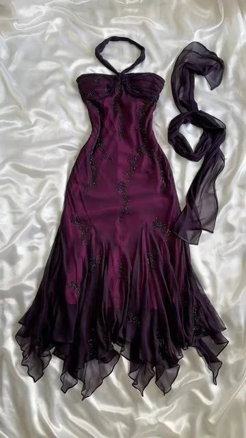 Vestidos de fiesta largos de gasa azul vintage, elegantes vestidos de fiesta con cuentas ED01743
