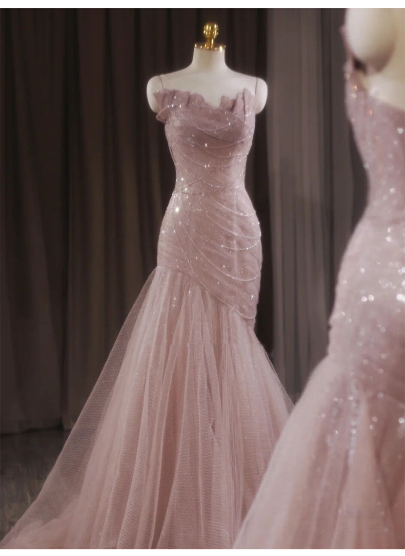 Vestido de fiesta largo de sirena rosa sin tirantes de tul con lentejuelas, vestido de novia dulce ED01745