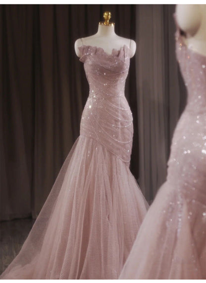 Vestido de fiesta largo de sirena rosa sin tirantes de tul con lentejuelas, vestido de novia dulce ED01745