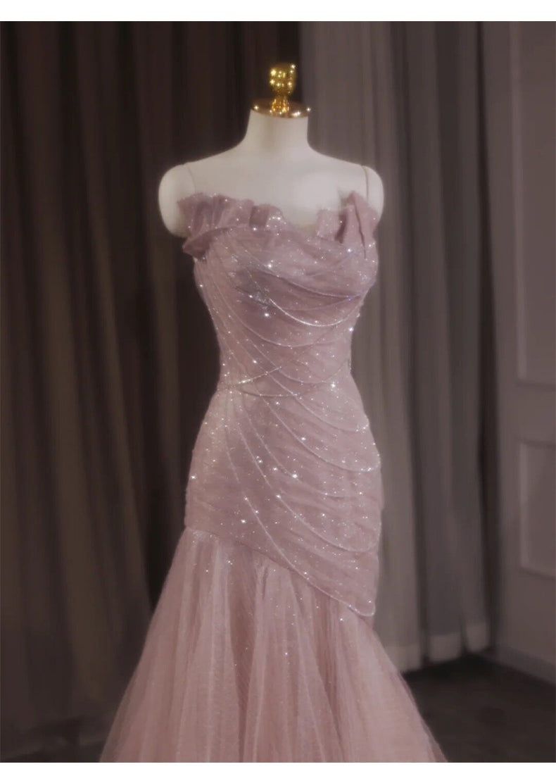 Vestido de fiesta largo de sirena rosa sin tirantes de tul con lentejuelas, vestido de novia dulce ED01745