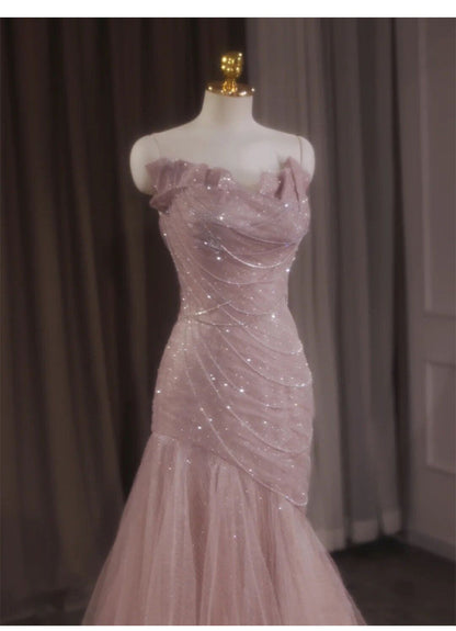 Vestido de fiesta largo de sirena rosa sin tirantes de tul con lentejuelas, vestido de novia dulce ED01745