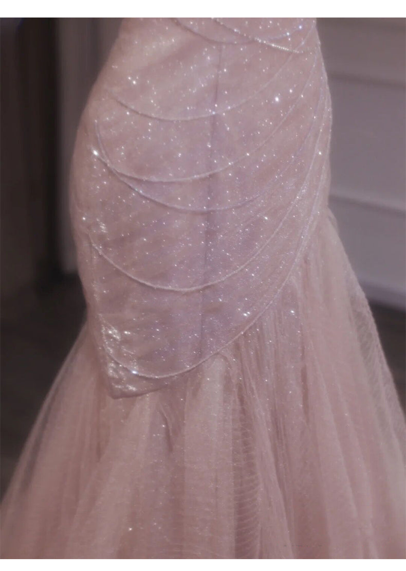 Vestido de fiesta largo de sirena rosa sin tirantes de tul con lentejuelas, vestido de novia dulce ED01745