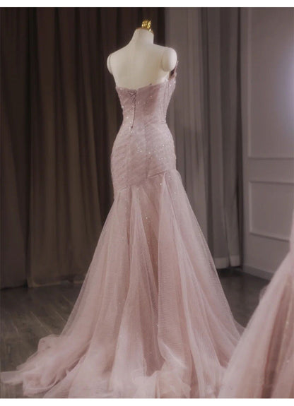 Vestido de fiesta largo de sirena rosa sin tirantes de tul con lentejuelas, vestido de novia dulce ED01745