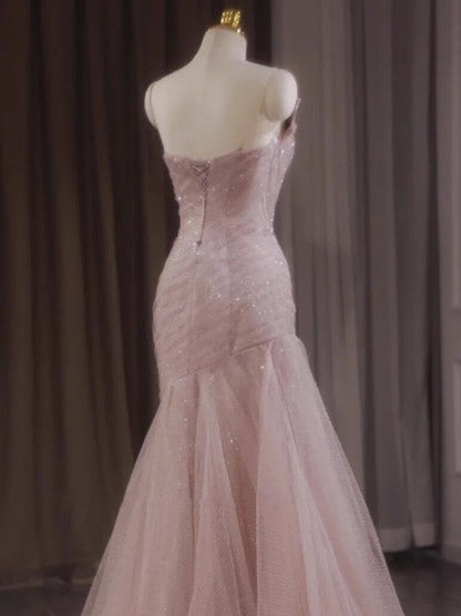 Vestido de fiesta largo de sirena rosa sin tirantes de tul con lentejuelas, vestido de novia dulce ED01745