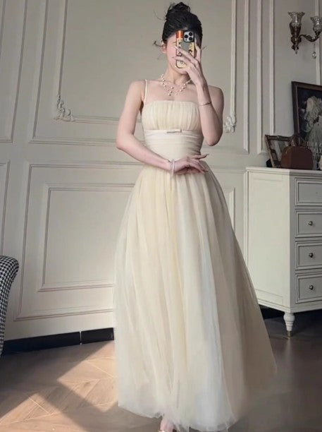 Off-White A-Line Spaghetti Strap Tulle Prom Dress Birthday Dress ED01749