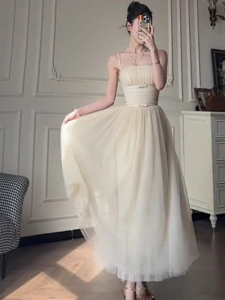 Off-White A-Line Spaghetti Strap Tulle Prom Dress Birthday Dress ED01749