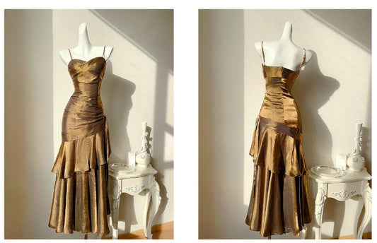 Vestidos de fiesta largos vintage de satén azul de gasa con volantes y tirantes finos, vestidos de noche de cuento de hadas ED01754