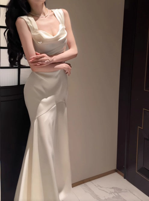 Elegante vestido de fiesta de satén blanco con escote cuadrado y corte sirena, vestido de cumpleaños ED01759