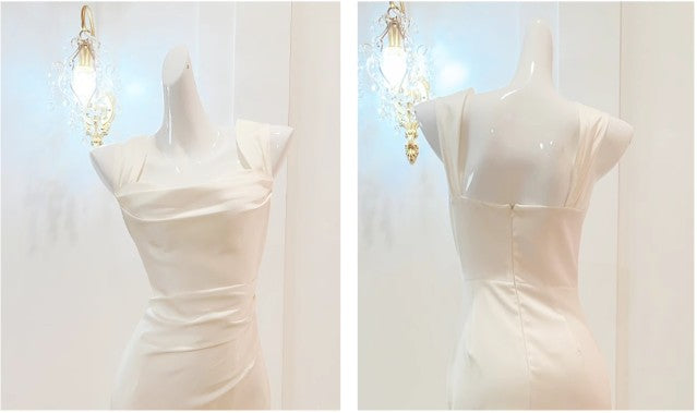 Elegante vestido de fiesta de satén blanco con escote cuadrado y corte sirena, vestido de cumpleaños ED01759