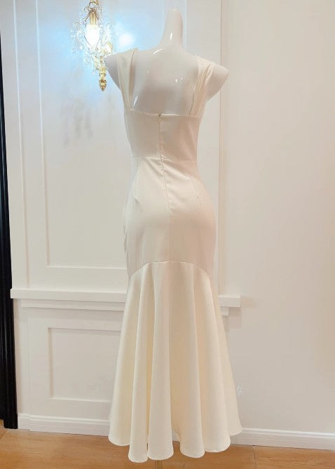 Elegante vestido de fiesta de satén blanco con escote cuadrado y corte sirena, vestido de cumpleaños ED01759