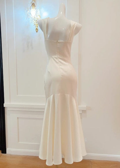 Elegante vestido de fiesta de satén blanco con escote cuadrado y corte sirena, vestido de cumpleaños ED01759