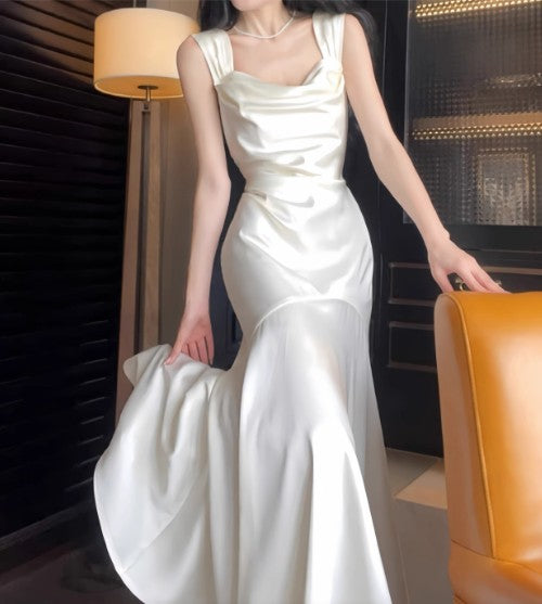 Elegante vestido de fiesta de satén blanco con escote cuadrado y corte sirena, vestido de cumpleaños ED01759