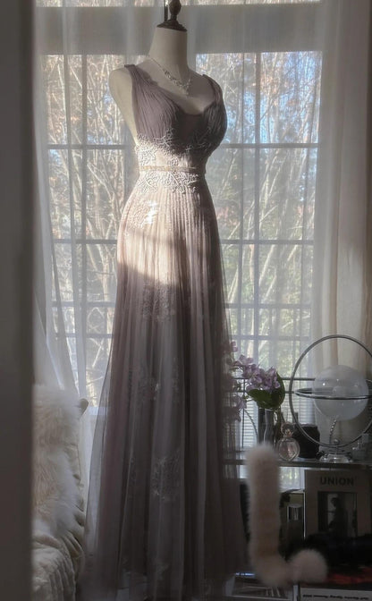 Gray Purple A-Line V Neck Tulle Lace Long Prom Dress Gorgeous Evening Dress ED01765