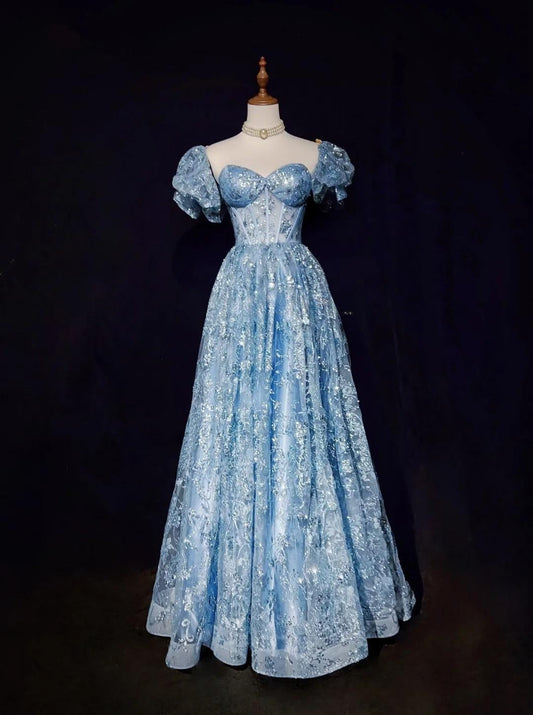 Vestido de fiesta largo azul con escote en forma de A, de tul y lentejuelas, vestido de cumpleaños exquisito ED01766