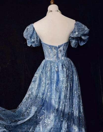 Blue A-Line Sweetheart Neck Tulle Sequin Long Prom Dress Exquisite Birthday Dress ED01766