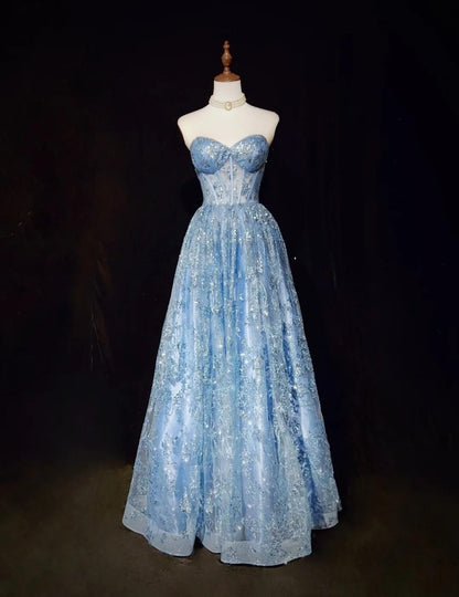 Blue A-Line Sweetheart Neck Tulle Sequin Long Prom Dress Exquisite Birthday Dress ED01766