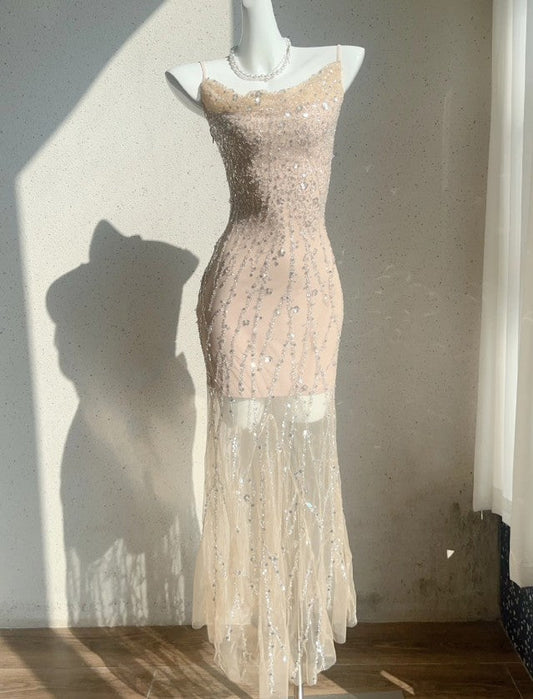 Vestido de fiesta de tul con lentejuelas y tirantes finos color rosa carne, corte sirena, para cumpleaños, ED01771