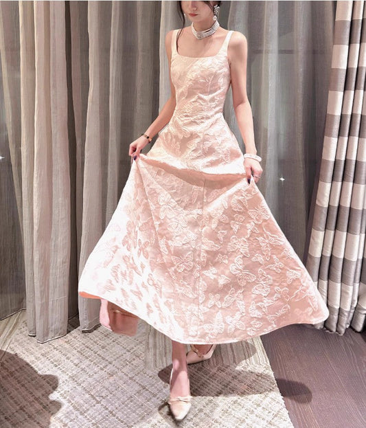 Vestido de fiesta de satén rosa con bordado de mariposas vintage, corte A, para cumpleaños, ED01772