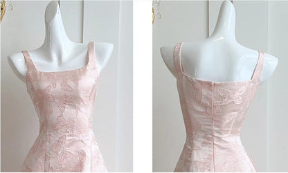 Vestido de fiesta de satén rosa con bordado de mariposas vintage, corte A, para cumpleaños, ED01772