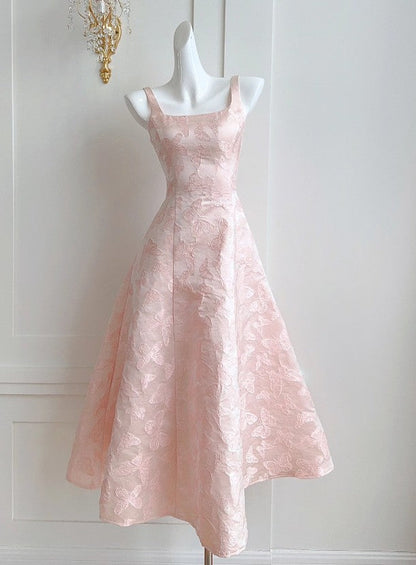 Vestido de fiesta de satén rosa con bordado de mariposas vintage, corte A, para cumpleaños, ED01772