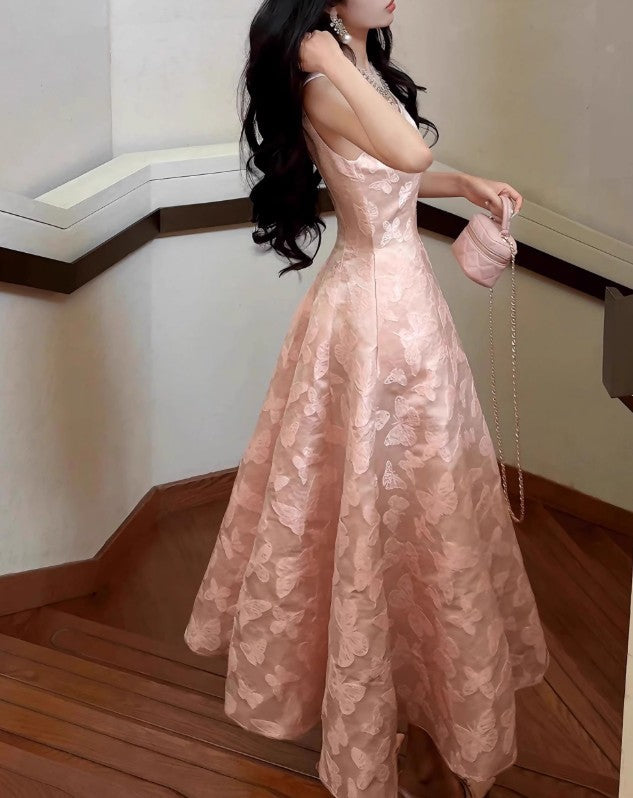 Vestido de fiesta de satén rosa con bordado de mariposas vintage, corte A, para cumpleaños, ED01772