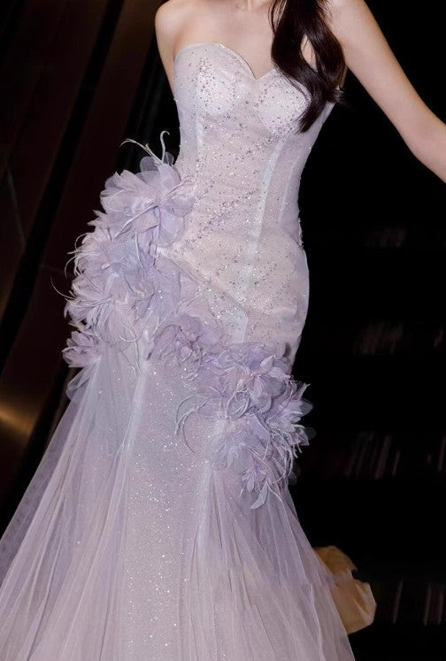 Vestido de fiesta de tul con lentejuelas y escote corazón de sirena en color morado claro, vestido de quinceañera, vestido de novia ED01773