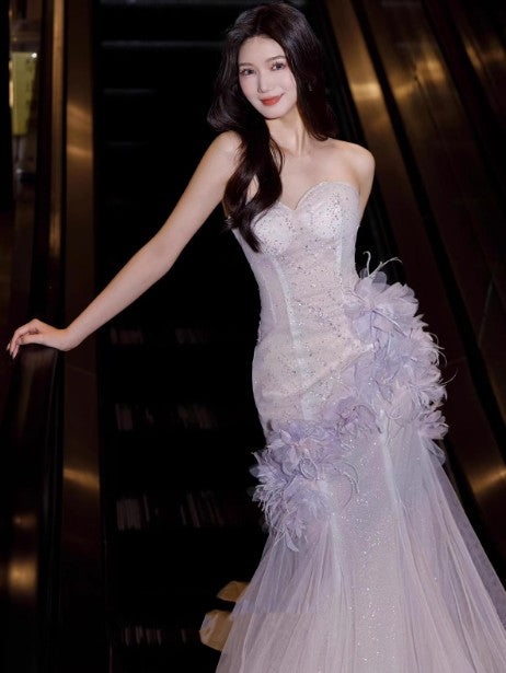 Vestido de fiesta de tul con lentejuelas y escote corazón de sirena en color morado claro, vestido de quinceañera, vestido de novia ED01773