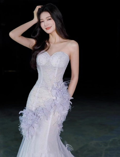 Vestido de fiesta de tul con lentejuelas y escote corazón de sirena en color morado claro, vestido de quinceañera, vestido de novia ED01773