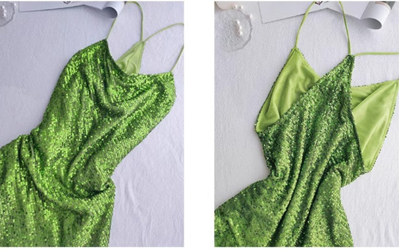 Vestido vintage verde con tirantes finos y lentejuelas para fiesta de graduación y cumpleaños ED01774