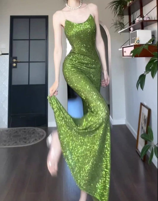 Vestido vintage verde con tirantes finos y lentejuelas para fiesta de graduación y cumpleaños ED01774